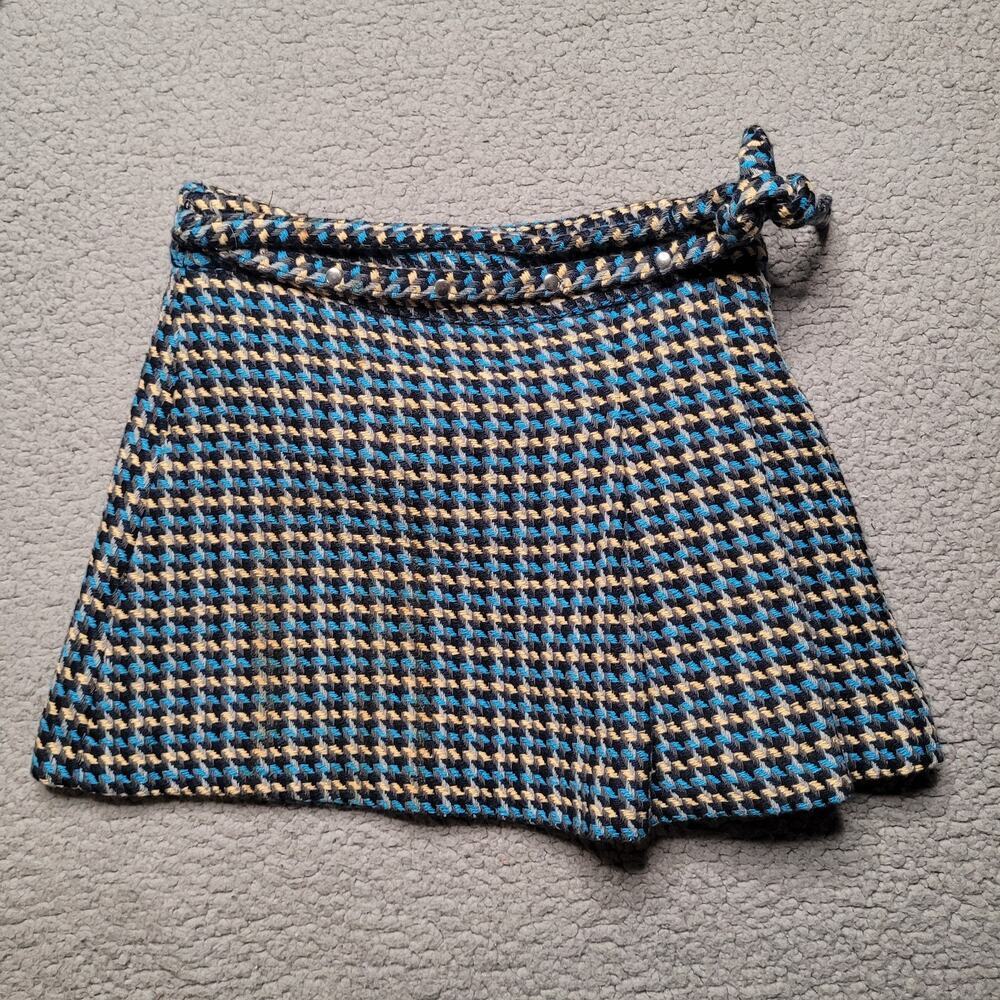 Zara Skirt Little Girls 11-12 Blue Yellow Houndstooth Pleats Tweed Mini Preppy
